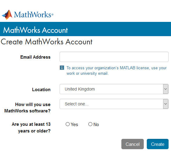 math works account register screenshot